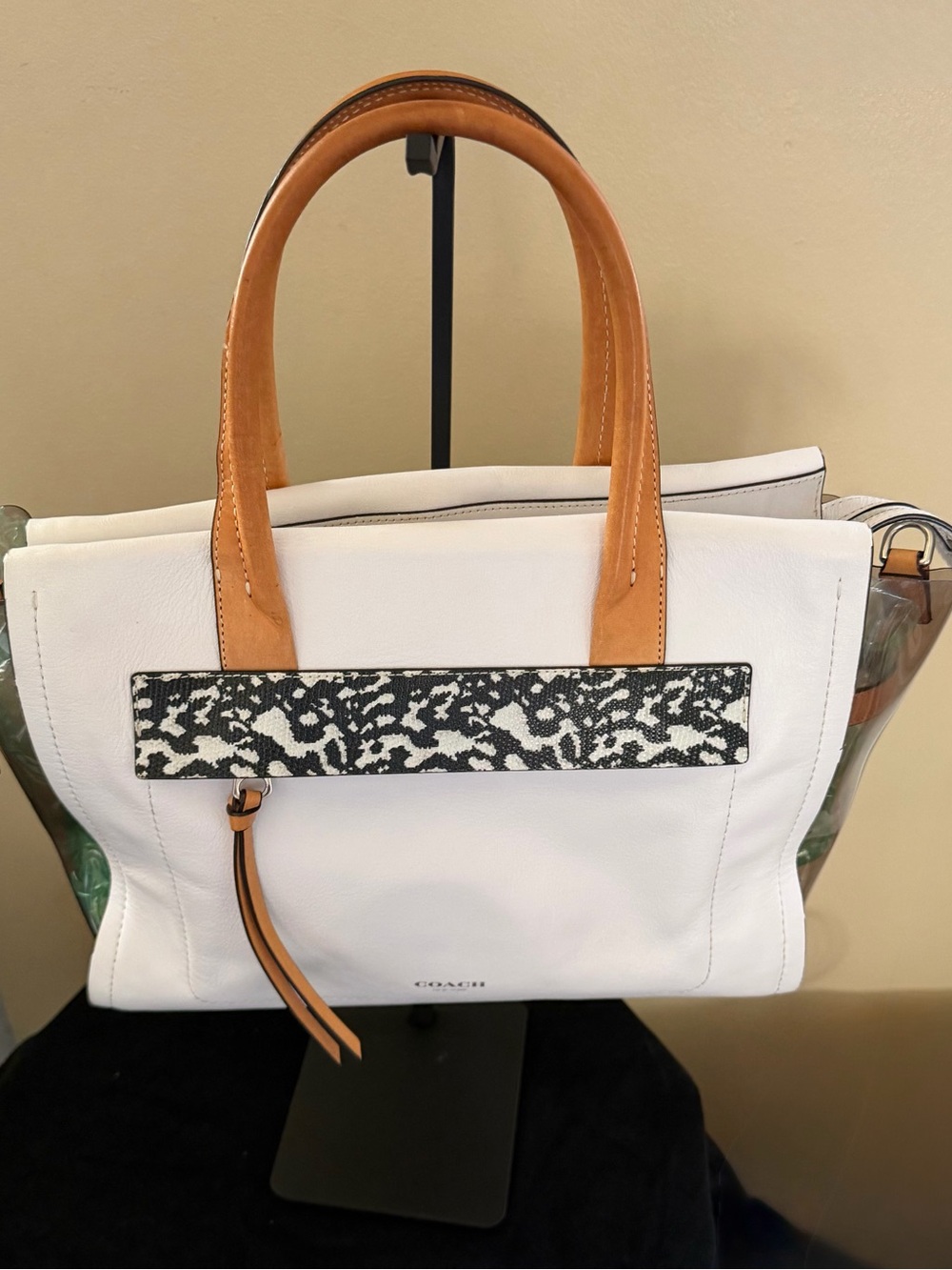 Coach White Leather Tote with Tan Handles and Black-Pattern Accent
